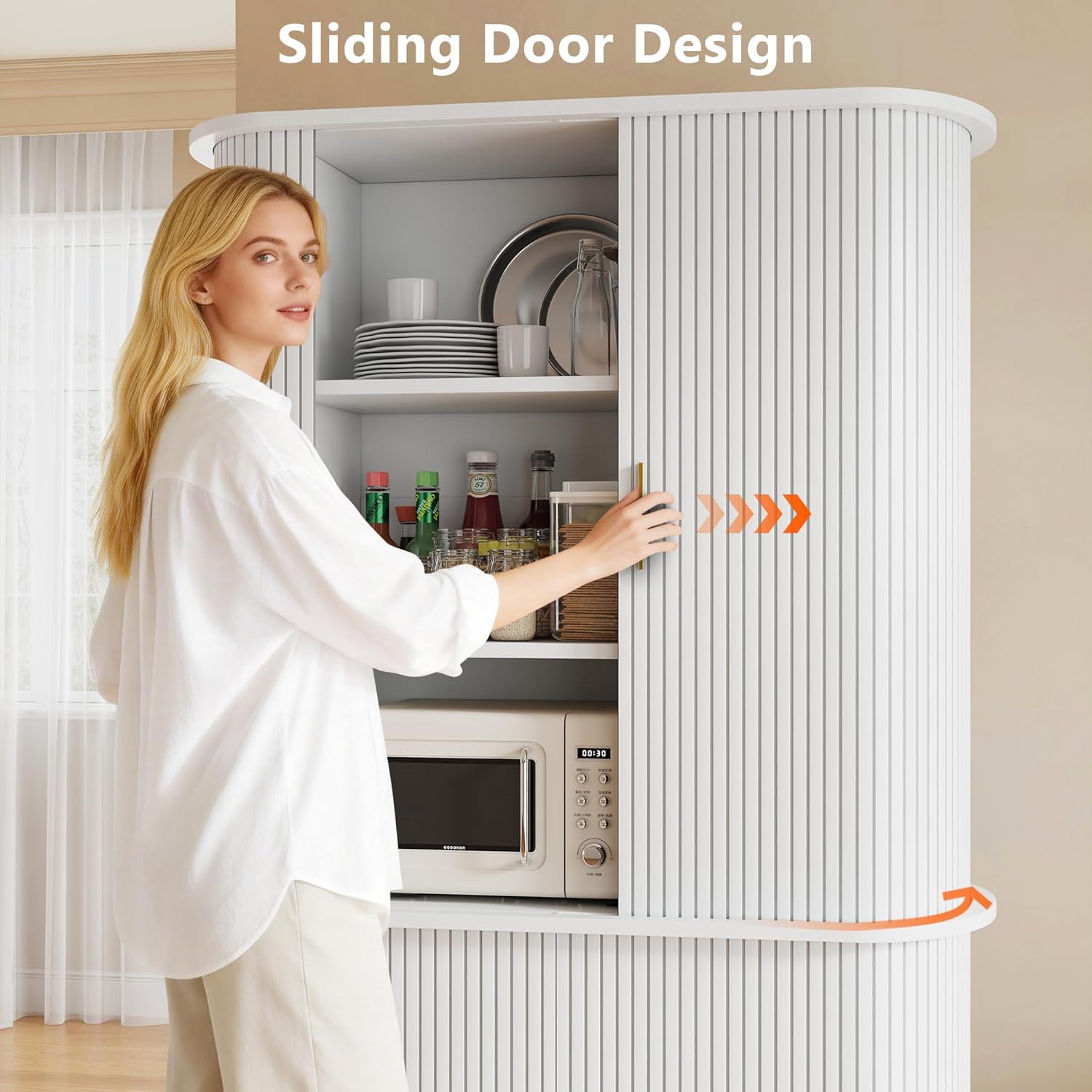 iPormis Kitchen Pantry with Sliding Doors, Tall Modern Curved Pantry Storage Cabinets with Drawer & Pull Out Shelves, 64-Inch Freestanding Wood Cupboard for Kitchen Dining Room Living Room, White