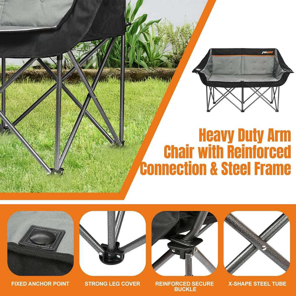 2 Person Camping Chair, Heavy Duty 650LBS Padded Loveseat for Couples & Pets, Foldable Double Camp Chair with Reinforced Storage Bag, Ideal for Outdoor Festivals, Beach, & Car Camping