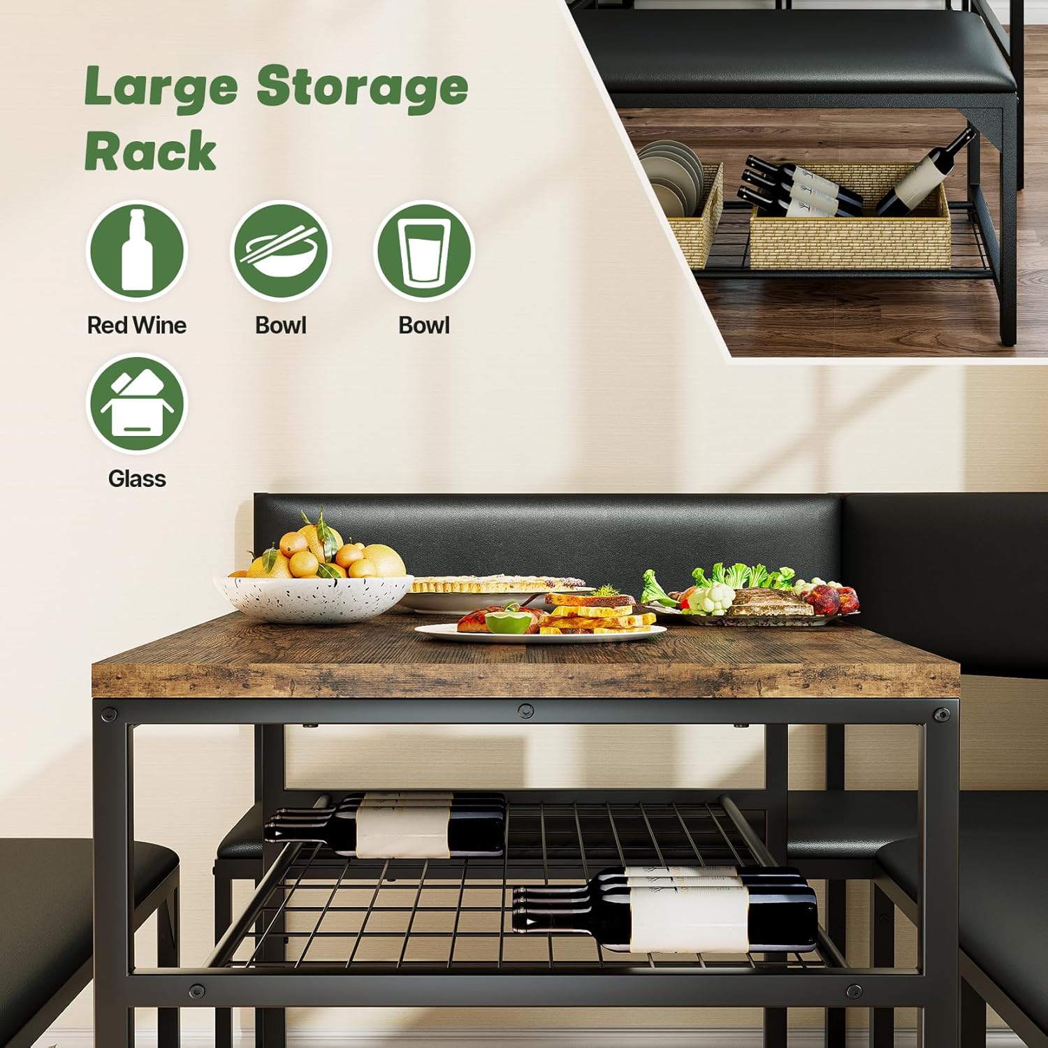 Concho Kitchen Breakfast Nook Table Set with Soft Seat, Corner Dining Table Set for 4-6 People, Dining Room Sets for 4, Space Saving Kitchen Booth Seating with Table for Small Space, Coffee Brown
