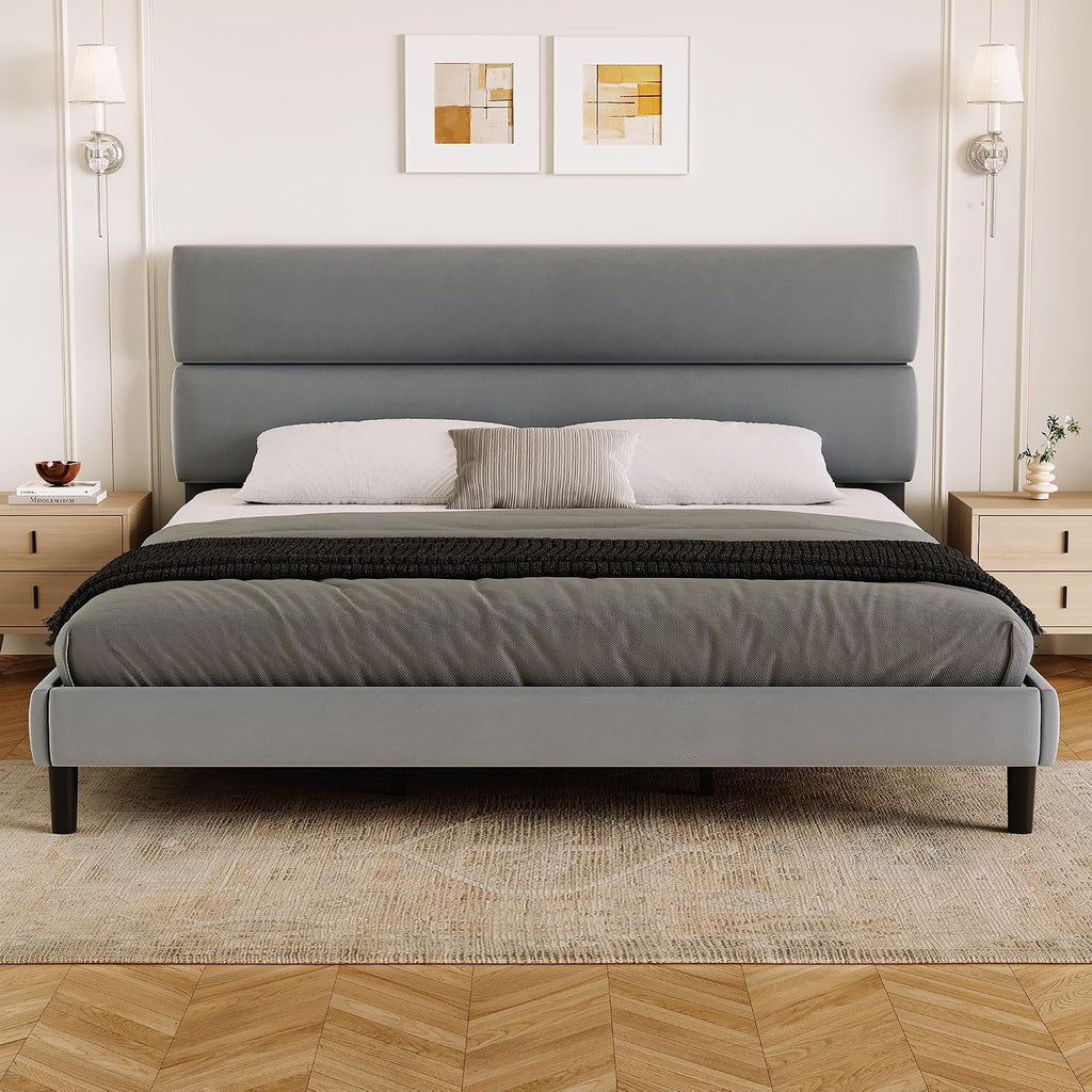 GRUSIGN King Size Platform Bed Frame with Velvet Headboard, Adjustable Height Wooden Slats Support, Upholstered Mattress Foundation, Fits Mattress or Mattress with Box Spring, Easy Assembly, Grey