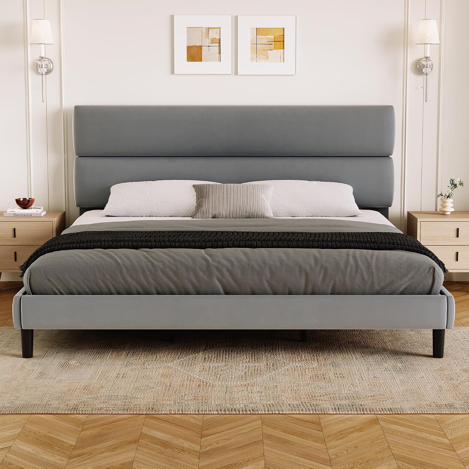 GRUSIGN King Size Platform Bed Frame with Velvet Headboard, Adjustable Height Wooden Slats Support, Upholstered Mattress Foundation, Fits Mattress or Mattress with Box Spring, Easy Assembly, Grey