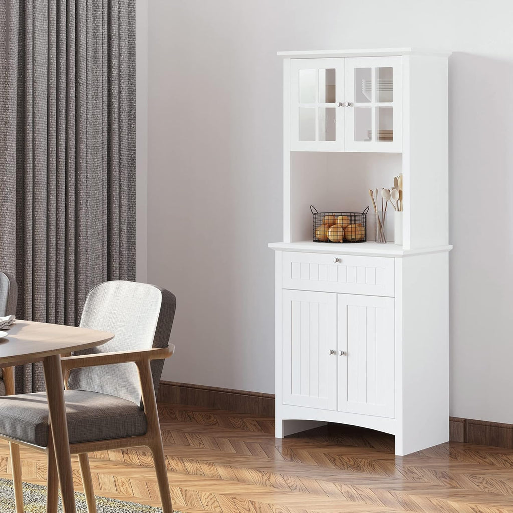 Elegant Buffet, Kitchen Pantry Storage Cabinet with Framed Glass Door Drawer and Microwave Space, White