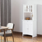 Elegant Buffet, Kitchen Pantry Storage Cabinet with Framed Glass Door Drawer and Microwave Space, White