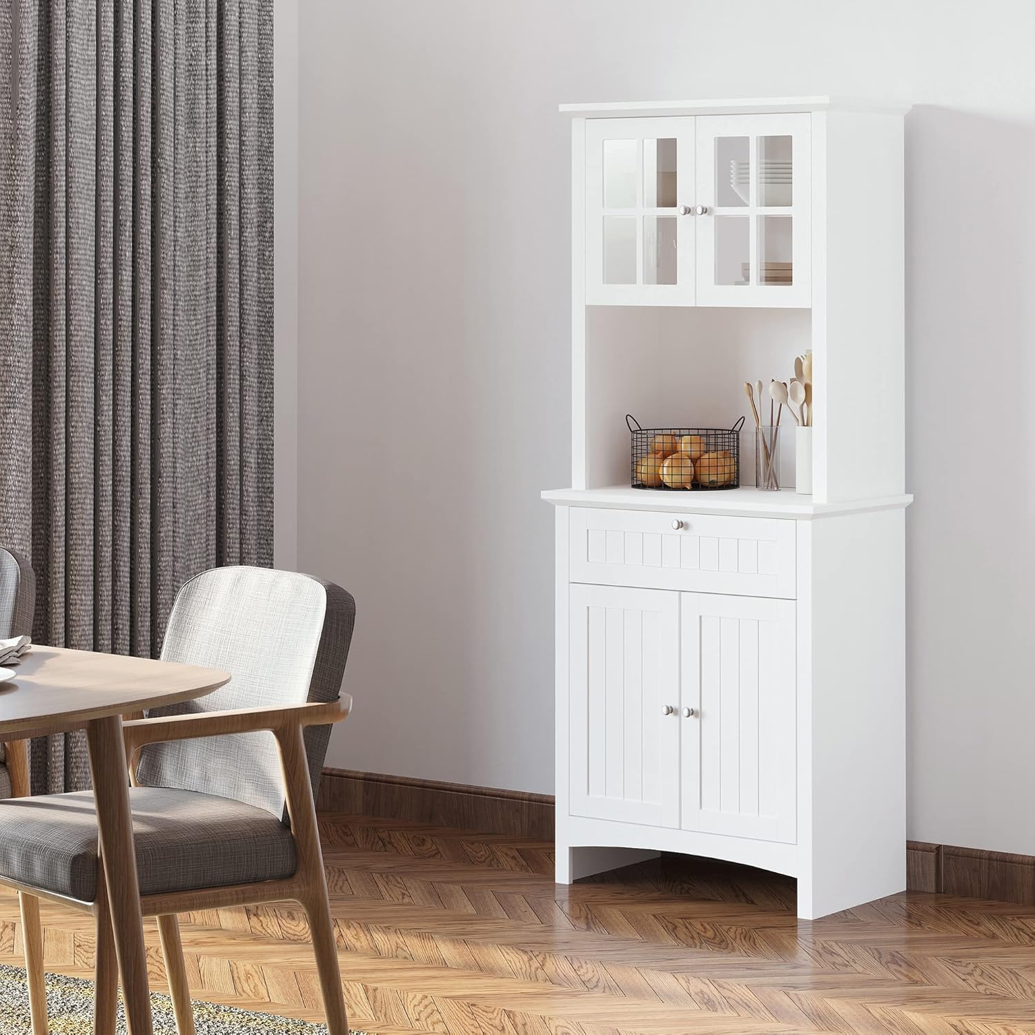 Elegant Buffet, Kitchen Pantry Storage Cabinet with Framed Glass Door Drawer and Microwave Space, White