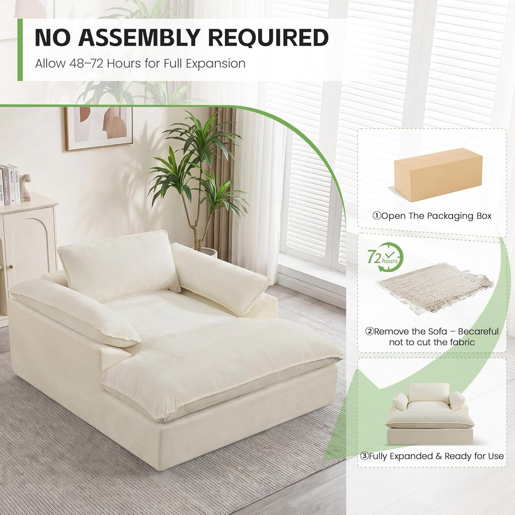 HUBSON 69" Oversized Chaise Lounge Chair Indoor, Comfy Deep Seat Sleeper Lounge Couch, Upholstered Chenille Cloud Chairs for Living Room, Bedroom, Apartment, No Assembly Required, Beige