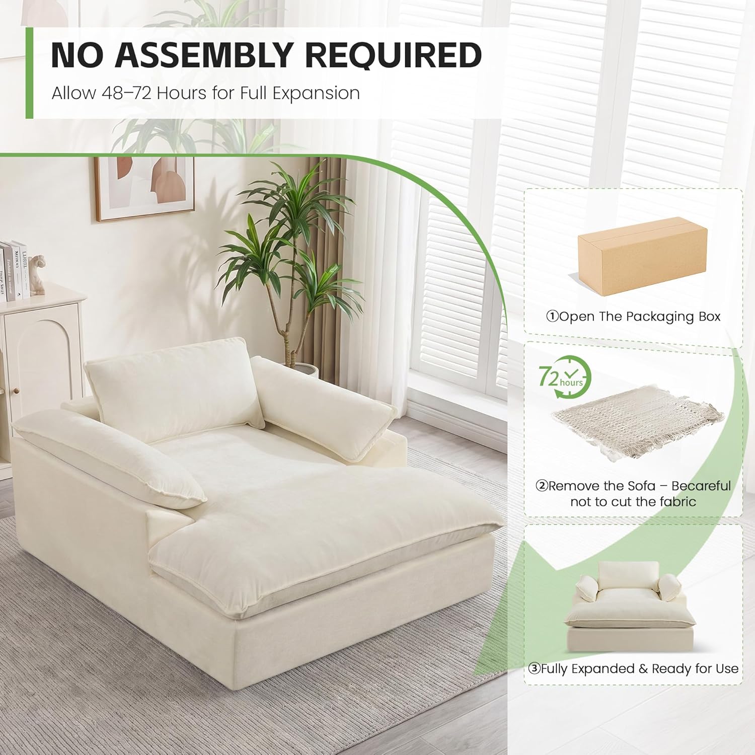 HUBSON 69" Oversized Chaise Lounge Chair Indoor, Comfy Deep Seat Sleeper Lounge Couch, Upholstered Chenille Cloud Chairs for Living Room, Bedroom, Apartment, No Assembly Required, Beige