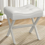 Memobarco 18-Inch Large Leather Vanity Stool, Vanity Chair with Metal X-Leg, Ottoman Accent Stool with Thick Padded Saddle Seat, White