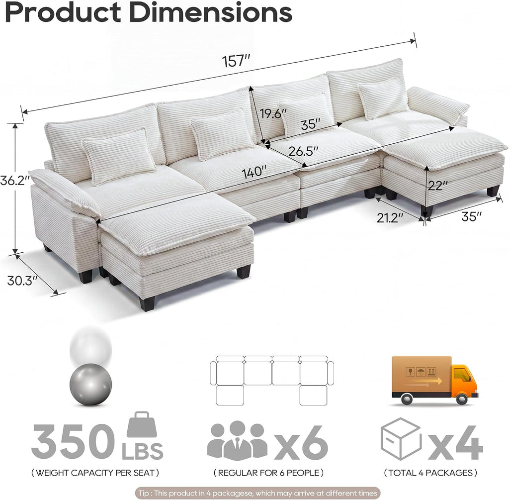 URRED Oversized Modular Sectional Sofa，Solid Beige：157" U Shaped | Modern Comfy Cloud Couch with Movable Ottoman and Pillow, Deep Seat Couches for Living Room, Bedroom or Apartment
