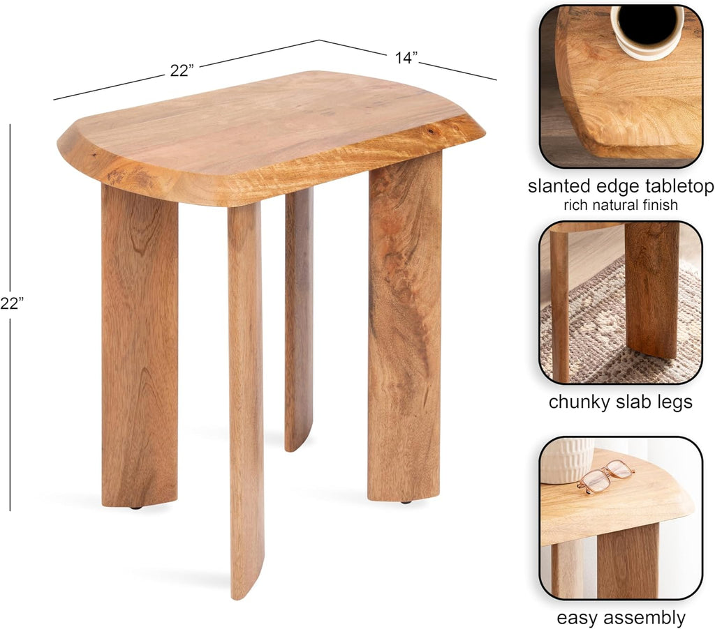 Kate and Laurel Vaux Modern Mango Wood Rectangular Side Table, 22 x 14 x 22, Natural Wood, Transitional Rectangle End Table with Angled Tabletop Edge for Bedroom Nightstand or Indoor Plant Stand