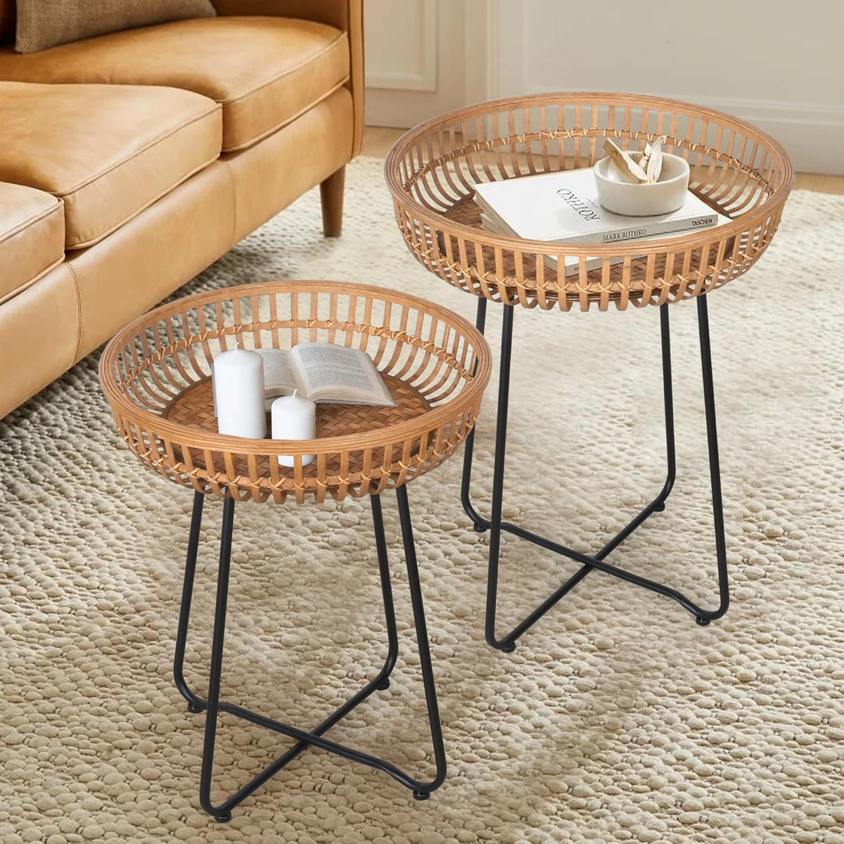Oakrain Rattan End Table, Nesting Tables, Set of 2, Bamboo, Round, Metal Base, for Boho Living Room, Sofa, Bedroom, Terrace (18.11inch, Set of 2)