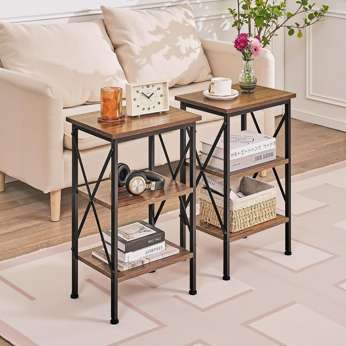 VECELO End Side Table Night Stand,X-Design with Storage Shelf for Bedroom,Living Room,Brown