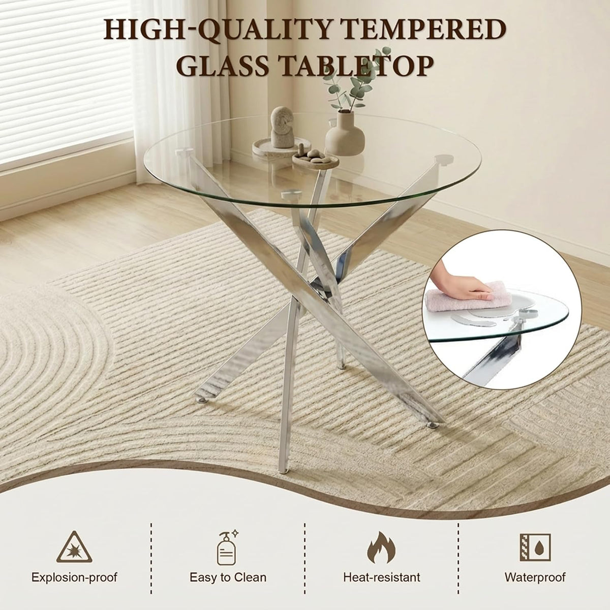 35.5 Inch Round Glass Dining Table, Modern Kitchen Table with 8mm Tempered Glass Top Chrome Metal Legs, Small Round Dining Table for 2–4 People Kitchen Dining Room Apartment