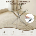 Round Glass Dining Table Set for 4, Modern Kitchen Table Chairs Set of 4, 35" Circle Glass Dinner Table with Silver Metal Legs, 4 White Pu Leather Chairs, 5 Piece Dining Set for Small Space Apartment