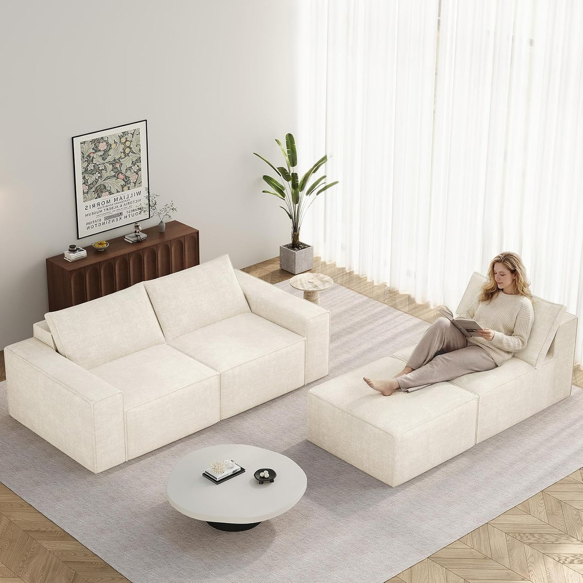 Vesgantti 114" L Shaped Couch, Deep Seat Sectional Sofa, Beige | Oversized 3 Seater Modular Couch with Ottoman, Cloud Sofa for Living Room, No Assembly Required, Free Combination, Chenille