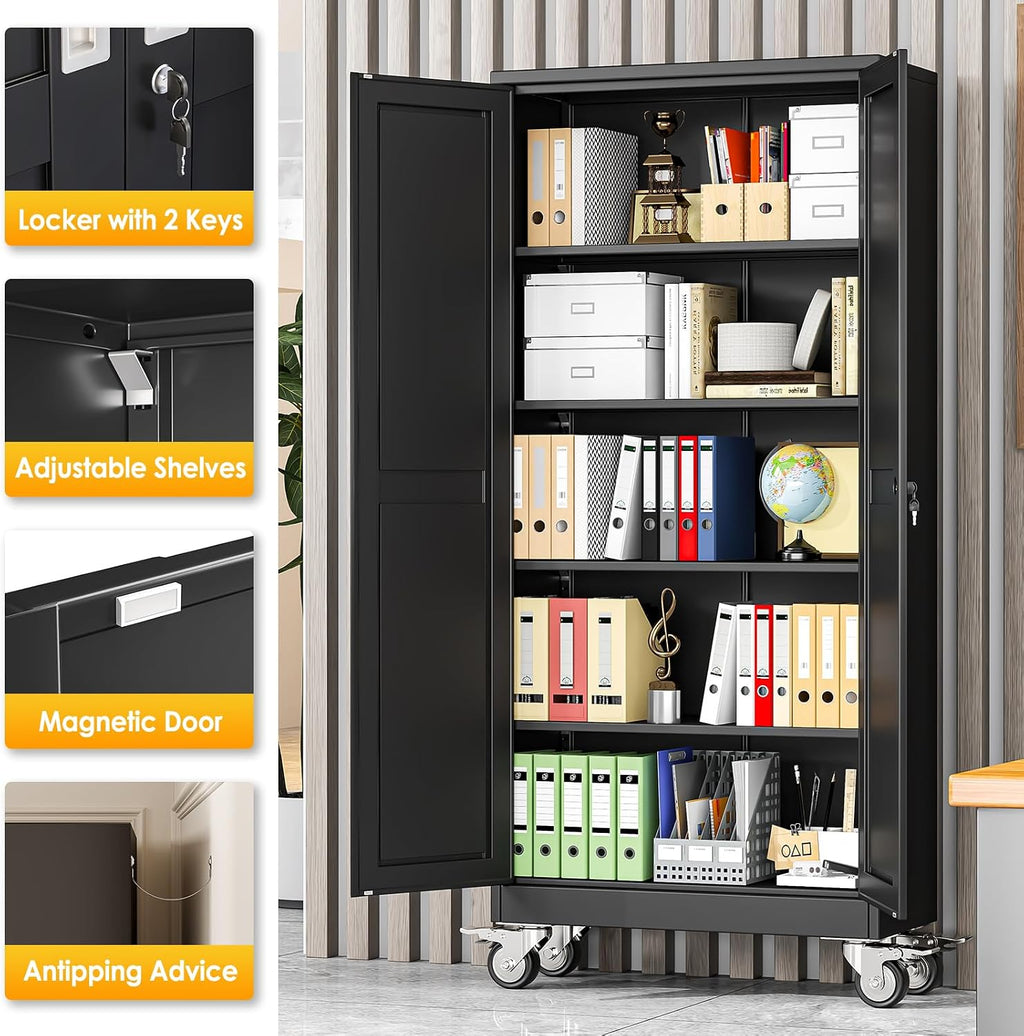 PAOFIN 71''H Tall Metal Garage Storage Cabinet with Wheels,Steel File Cabinets with 2 Doors and 4 Adjustable Shelves for Home Office, Warehouse, Required Assembly,Black