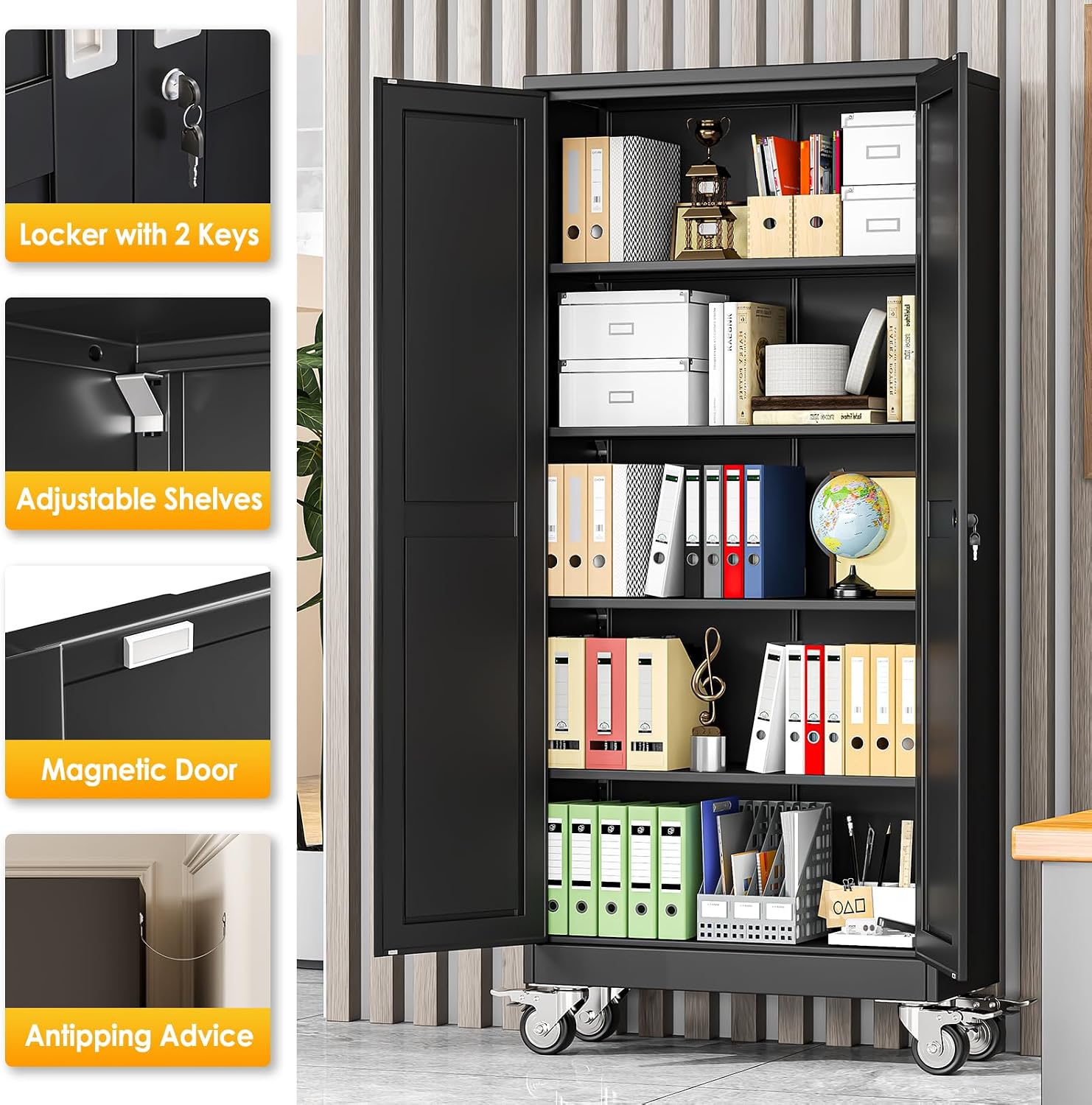 PAOFIN 71''H Tall Metal Garage Storage Cabinet with Wheels,Steel File Cabinets with 2 Doors and 4 Adjustable Shelves for Home Office, Warehouse, Required Assembly,Black