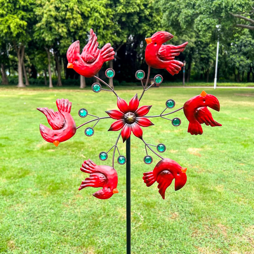 Cardinal Red Bird Wind Spinner Garden Decor, 48 Inch Metal Yard Spinner Sculpture for Patio Lawn & Outdoor Decorations