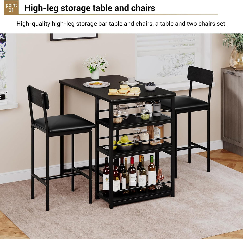 3-Piece Small Bar Table and Chairs Set for 2,Small Dining Table with 2 PU Cushioned Stools,3 Storage Shelves, Space Saving Kitchen Table Set for Breakfast Nook, Apartment, Bistro,Black.