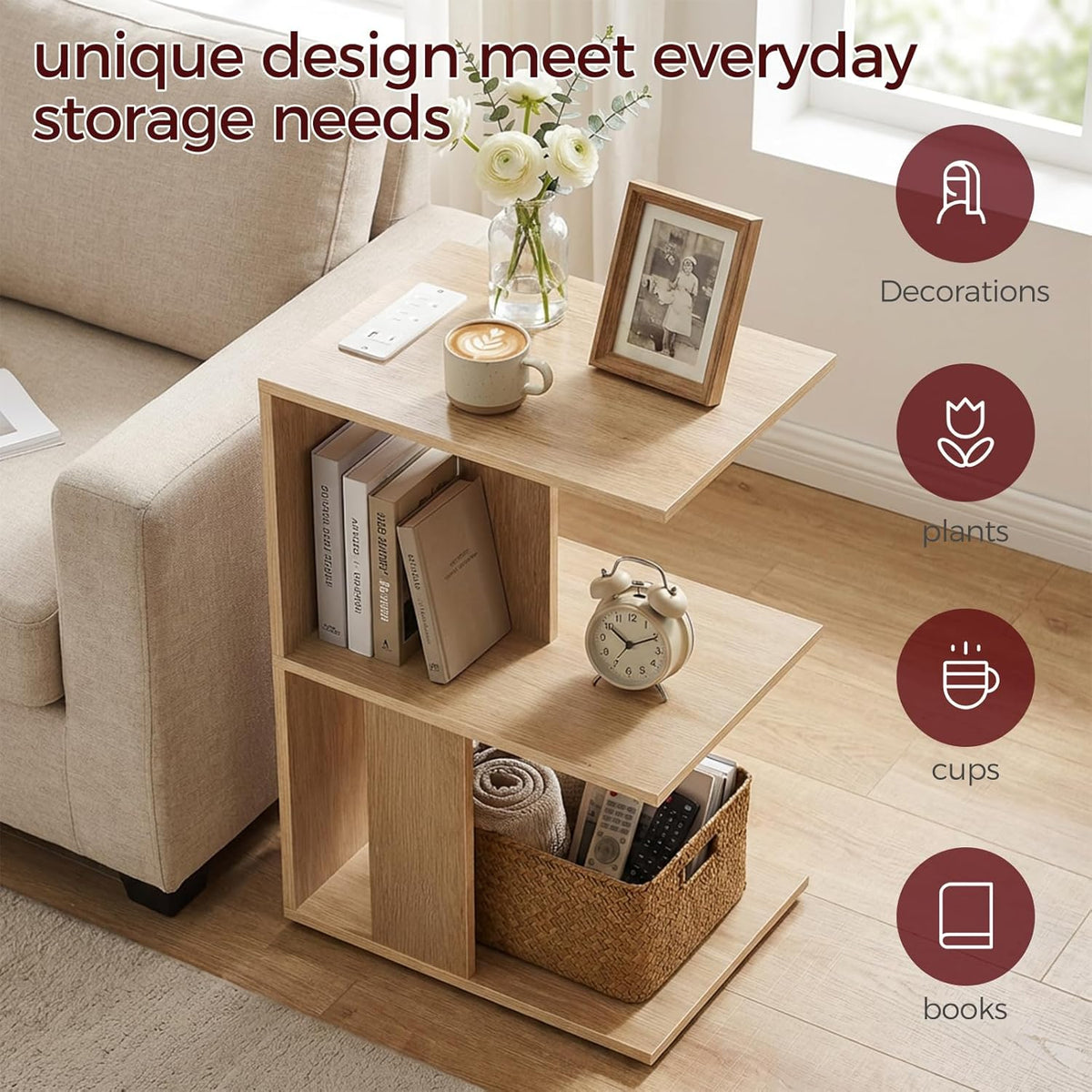 MAHANCRIS End Table with Charging Station, C-Shaped Narrow Side Table, Natural Nightstand with Storage, Narrow Bedside Table for Small Spaces, End Tables Living Room, Bedroom, Easy Assembly, ETNA18E01