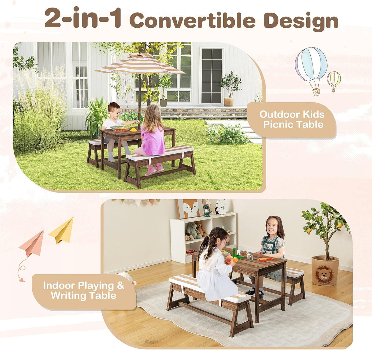 Kids Picnic Table Set with Benches and Umbrella, Foldable Wooden Table and Chair Set for Indoor and Outdoor Use, Playroom Furniture for Toddlers, Children, Baby (Brown)