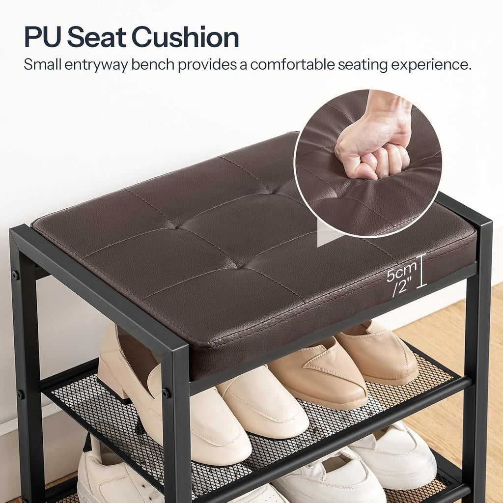 HOOBRO Small Shoe Bench, 3-Tier Shoe Rack, Shoe Storage Bench with PU Seat Cushion, Entryway Shoe Rack Bench with Metal Mesh Shelves, Freestanding Shoe Organizer for Hallway, Brown CB33HX01
