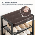 HOOBRO Small Shoe Bench, 3-Tier Shoe Rack, Shoe Storage Bench with PU Seat Cushion, Entryway Shoe Rack Bench with Metal Mesh Shelves, Freestanding Shoe Organizer for Hallway, Brown CB33HX01