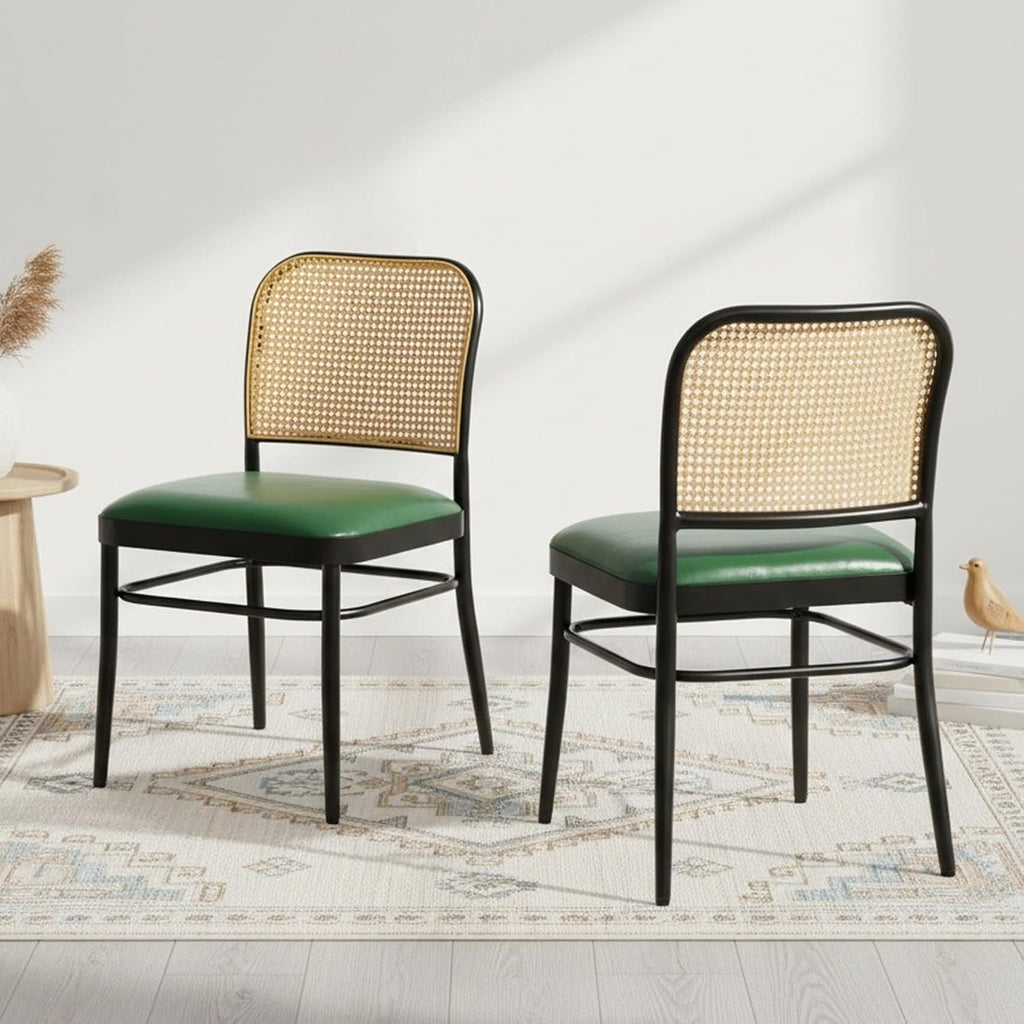 Rattan Dining Chairs Set of 4, Mid-Century Modern, Green | Cane Back Design, Faux Leather Upholstery, Boho Style, Comfortable Padded Seat, 350 LBS Weight Capacity