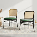 Rattan Dining Chairs Set of 4, Mid-Century Modern, Green | Cane Back Design, Faux Leather Upholstery, Boho Style, Comfortable Padded Seat, 350 LBS Weight Capacity