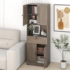 GOFLAME 67.5" Tall Pantry Cabinet, Freestanding Kitchen Pantry Cupboard with 4 Doors, 1 Drawer, & Open Compartment, Floor Storage Cabinet with Adjustable Shelf for Bathroom, Living Room (Gray Oak)