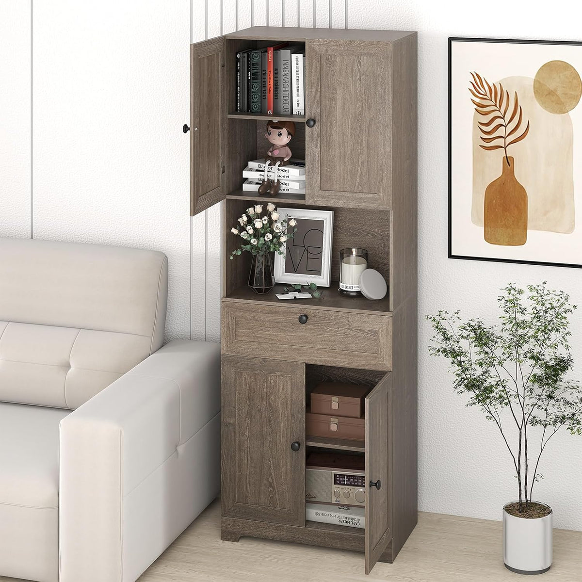 GOFLAME 67.5" Tall Pantry Cabinet, Freestanding Kitchen Pantry Cupboard with 4 Doors, 1 Drawer, & Open Compartment, Floor Storage Cabinet with Adjustable Shelf for Bathroom, Living Room (Gray Oak)