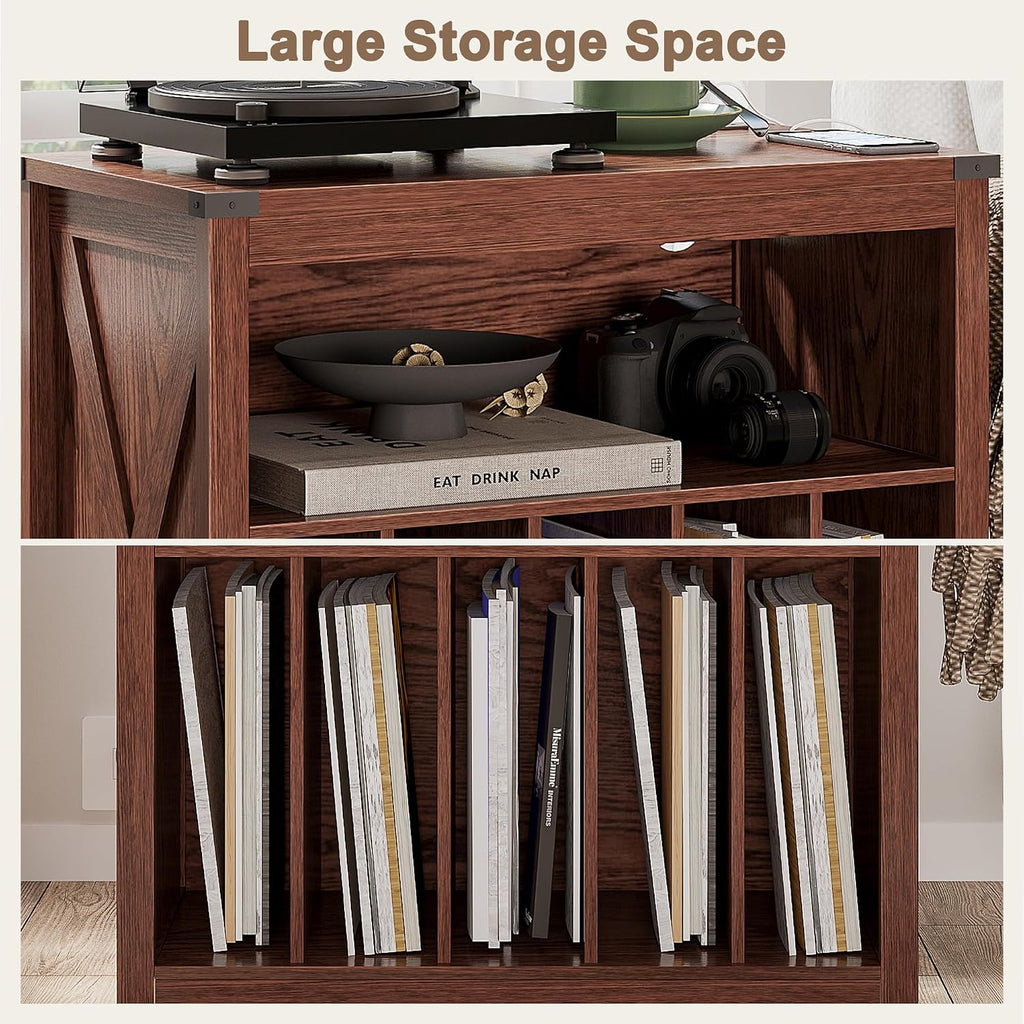 ChooChoo Large Record Player Stand with Charging Station & LED Light, Vinyl Record Holder hold up to 300 Albums, Farmhouse End Table for Bedroom, Living Room, Walnut