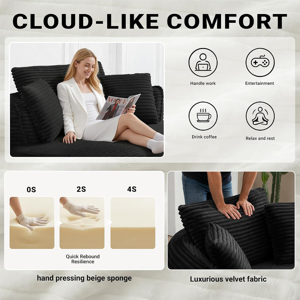 54-inch Oversized Round Chaise Longue Chair Indoor, Modern Upholstered Corduroy Deep Seat Circle Accent Chair Single Cloud Lounge Floor Sofa Chair for Living Room (Black, 54" Round)