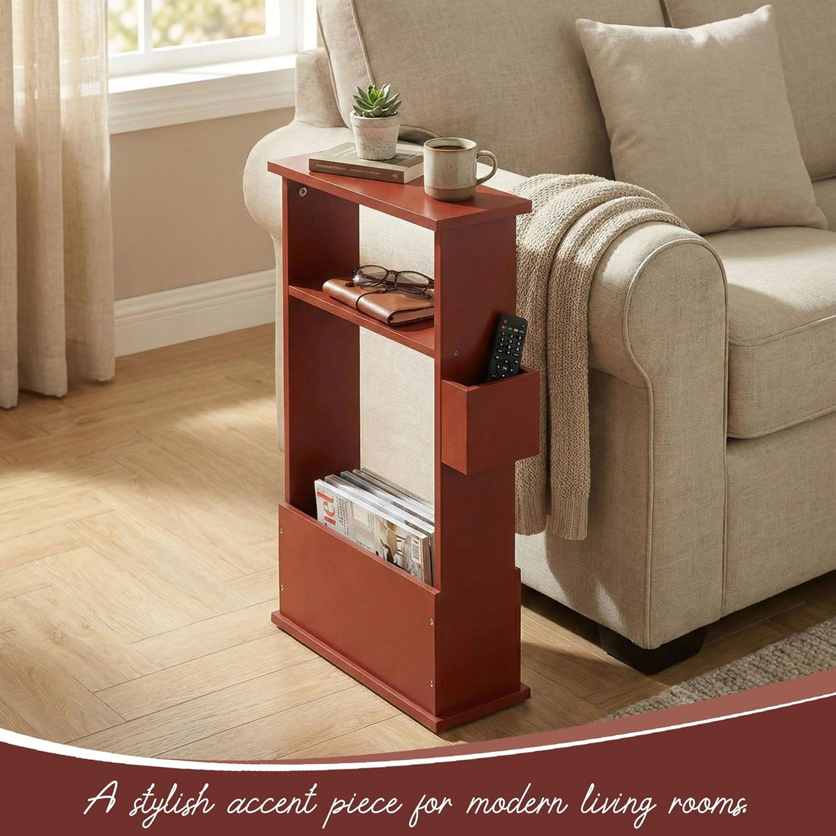Kings Brand Furniture Narrow Side Table with Storage Shelf, Slim End Table with Magazine & Remote Holder, Small Space Bedside Table for Living Room or Bedroom, Red