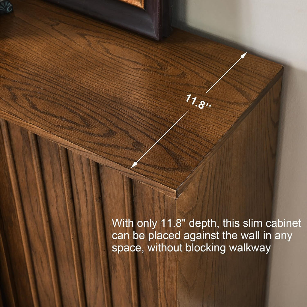 Mid Century Modern Sideboard Cabinet | Slim Fluted Credenza with Sliding Doors | Narrow Storage Buffet Console Table for Small Spaces, Living Room, Entryway, Kitchen (Walnut, 32")