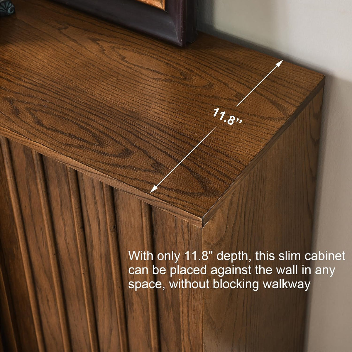 Mid Century Modern Sideboard Cabinet | Slim Fluted Credenza with Sliding Doors | Narrow Storage Buffet Console Table for Small Spaces, Living Room, Entryway, Kitchen (Walnut, 32")