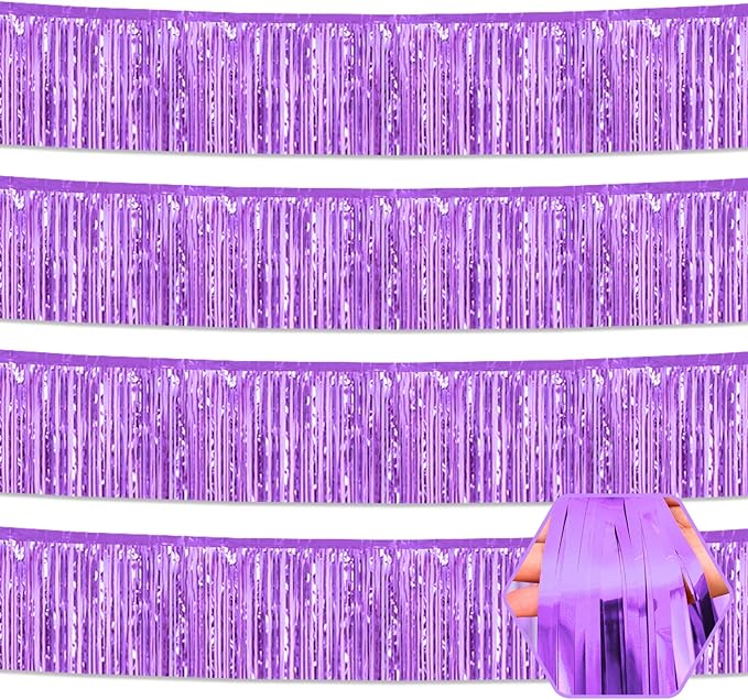 4 Pack 10 Feet Light Purple Foil Fringe Garland Metallic Tinsel Streamers Banner Wall Hanging Curtain Backdrop for Parade Floats, Wedding, Graduate, Mother's Day, Birthday Party Decoration