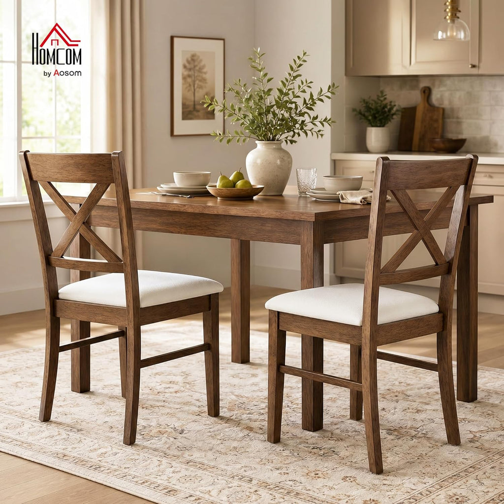HOMCOM Dining Chairs Set of 2, Upholstered Kitchen Chairs with Rubberwood Frame, Padded Seat and Cross Back for Living Room, Dining Room, Kitchen, Walnut