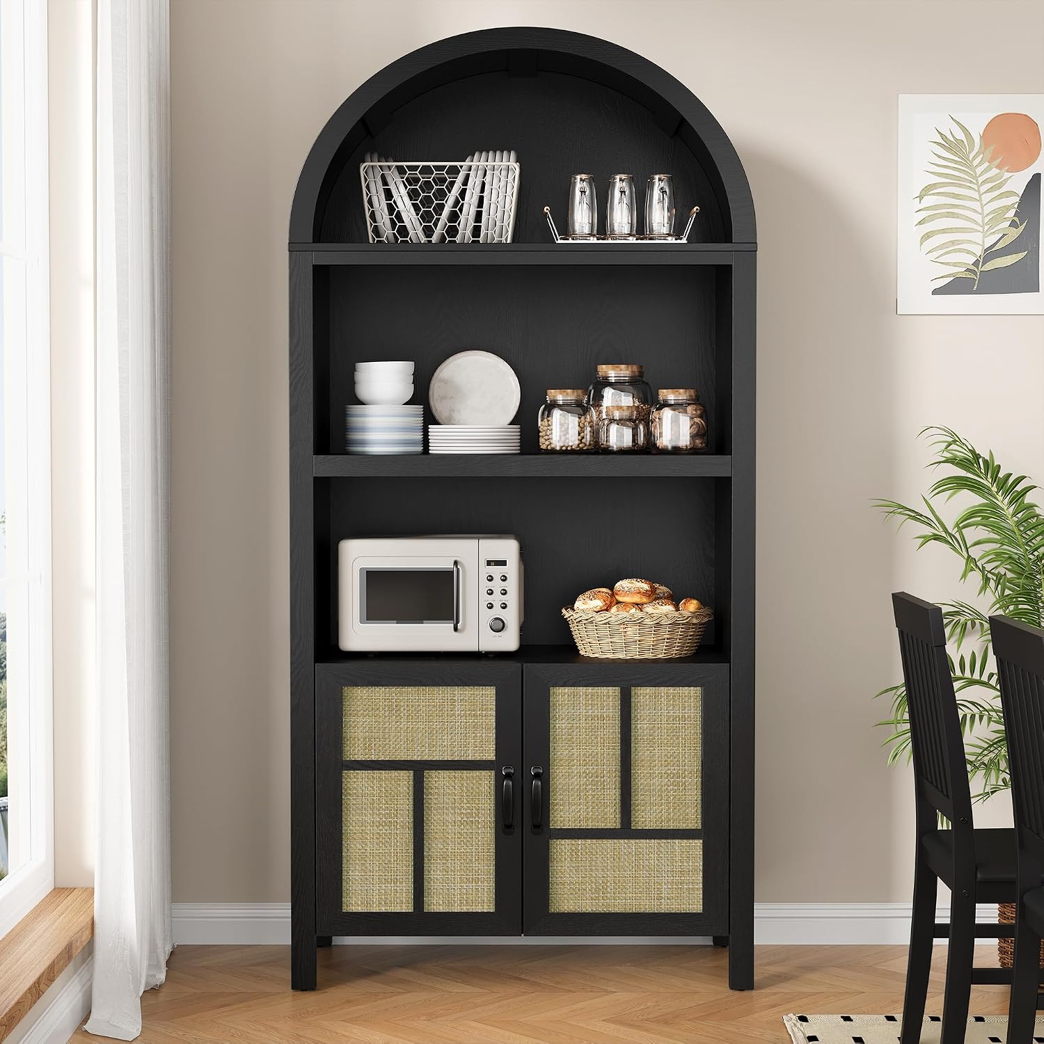 RoyalCraft Tall Arched Storage Cabinet with Rattan Door, 5-Tier Arched Kitchen Pantry with Adjustable Shelves, Black Bookshelf Bookcase Curio Display Cabinet Cupboard for Kitchen, Living Room