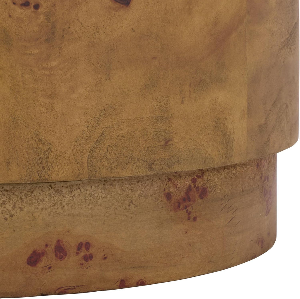 SAFAVIEH Home Collection - Siya Natural Brown Accent Table, Round Drum Side Table, Burl Wood Look, Fully Assembled (ACC6611A)