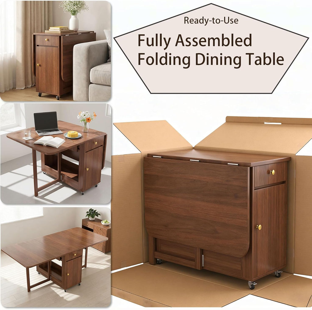 Extendable Drop Leaf Folding Dining Table with 2 Hidden Storage Drawers and 4 Wheels, No Assembly Required Space Saving Table for Small Spaces, Living Room & Kitchen (59.06 inch Table & 8 Chairs)