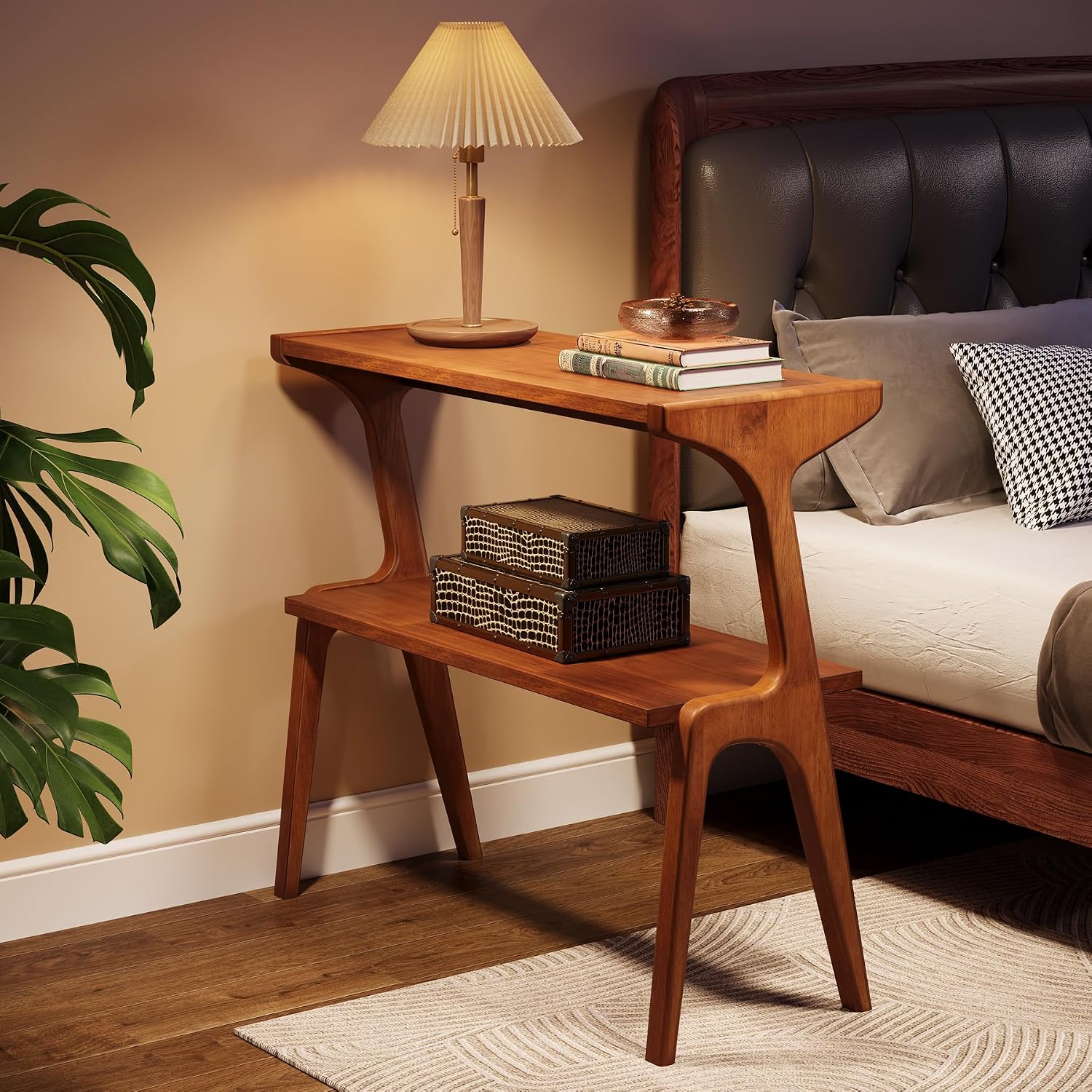 Tribesigns Set of 2 Solid Wood Side Table, 2-Tier Couch End Table with Storage Shelves, Mid-Century Modern Sofa End Table with Cute Legs, Wooden Bedside Table for Bedroom, Living Room, Cherry