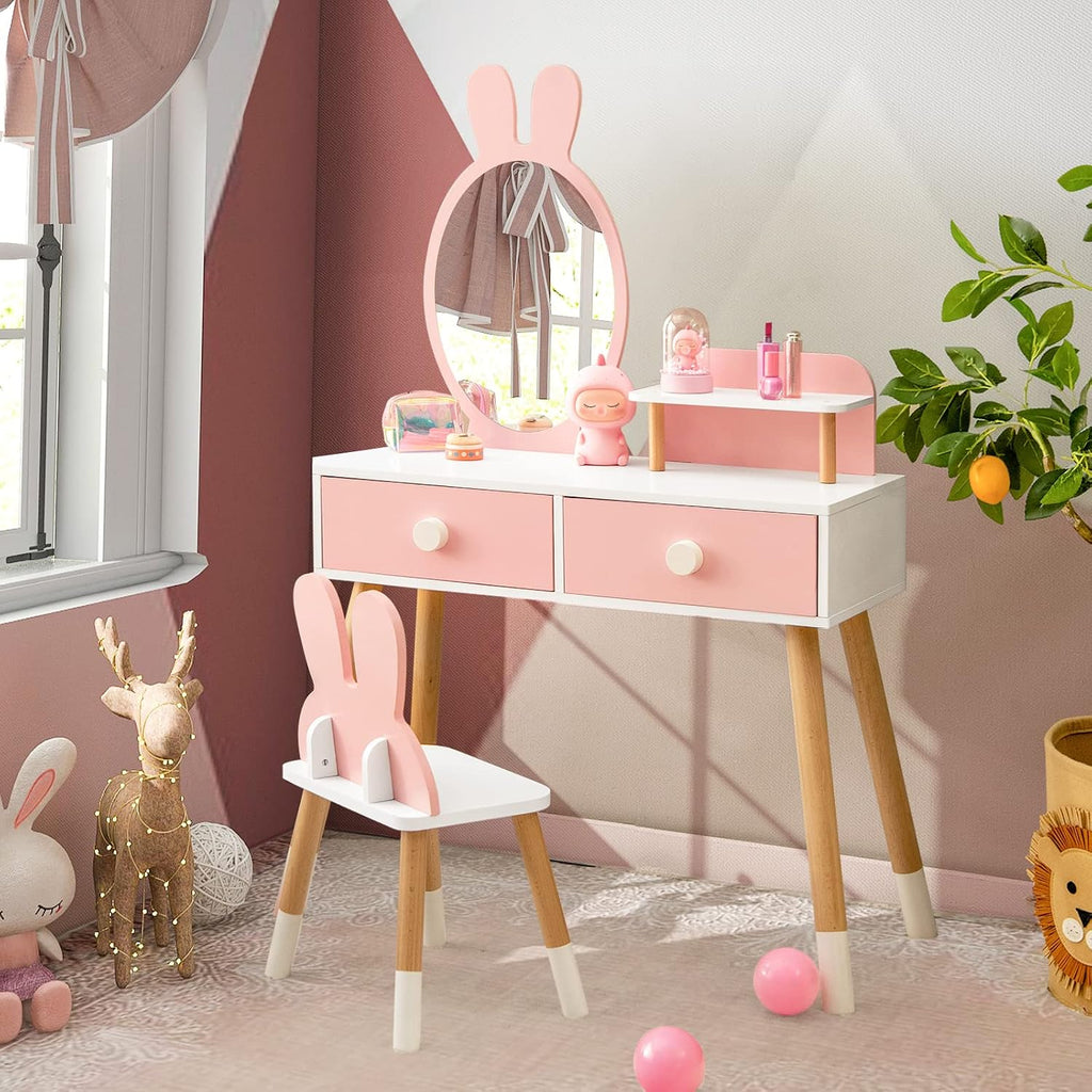 Costzon Kids Vanity, Girls Vanity Set with Mirror & Stool, 2 Large Drawers, Storage Shelf, Wooden Princess Makeup Dressing Table, Kids Vanity Table and Chair Set (Pink)