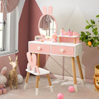 Costzon Kids Vanity, Girls Vanity Set with Mirror & Stool, 2 Large Drawers, Storage Shelf, Wooden Princess Makeup Dressing Table, Kids Vanity Table and Chair Set (Pink)