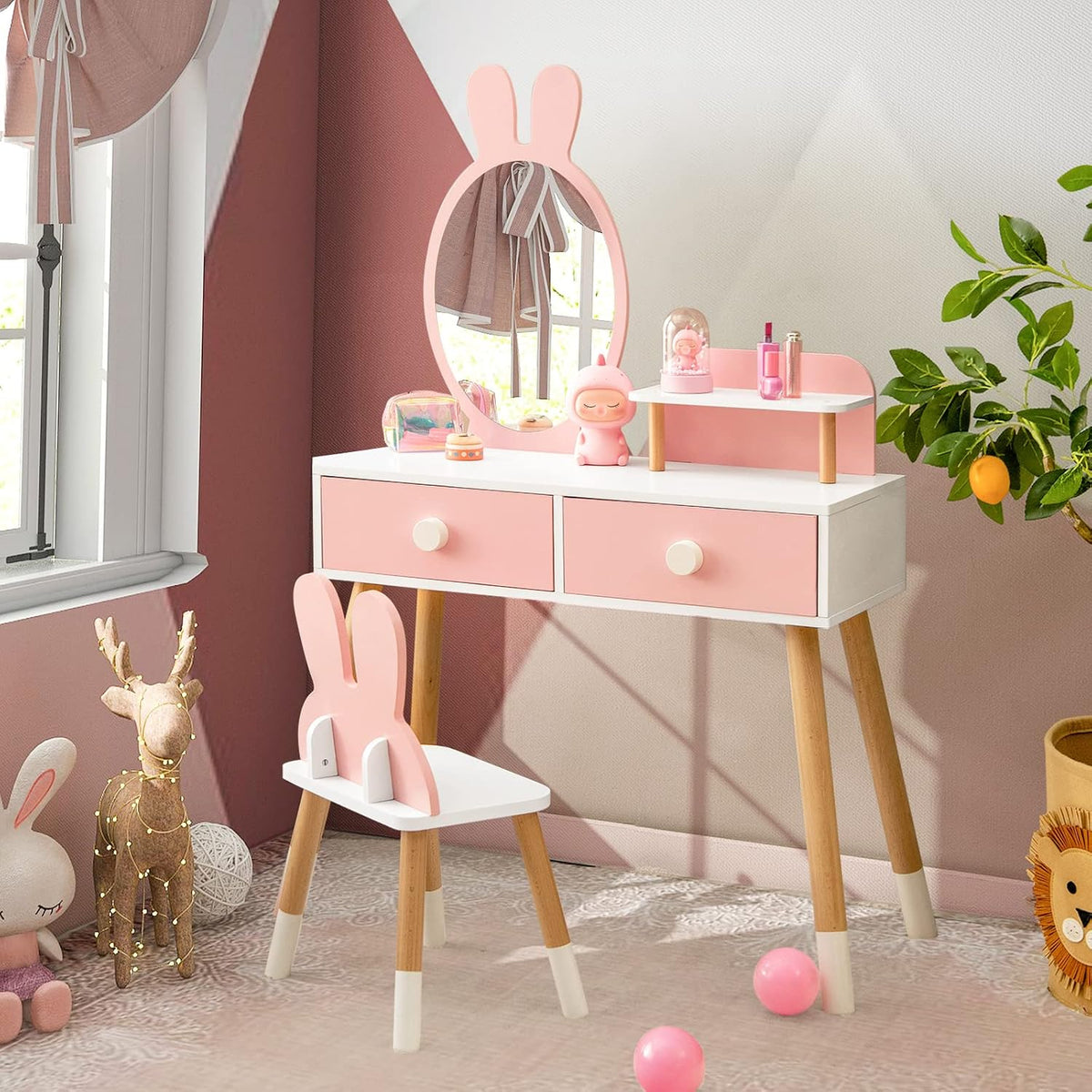Costzon Kids Vanity, Girls Vanity Set with Mirror & Stool, 2 Large Drawers, Storage Shelf, Wooden Princess Makeup Dressing Table, Kids Vanity Table and Chair Set (Pink)