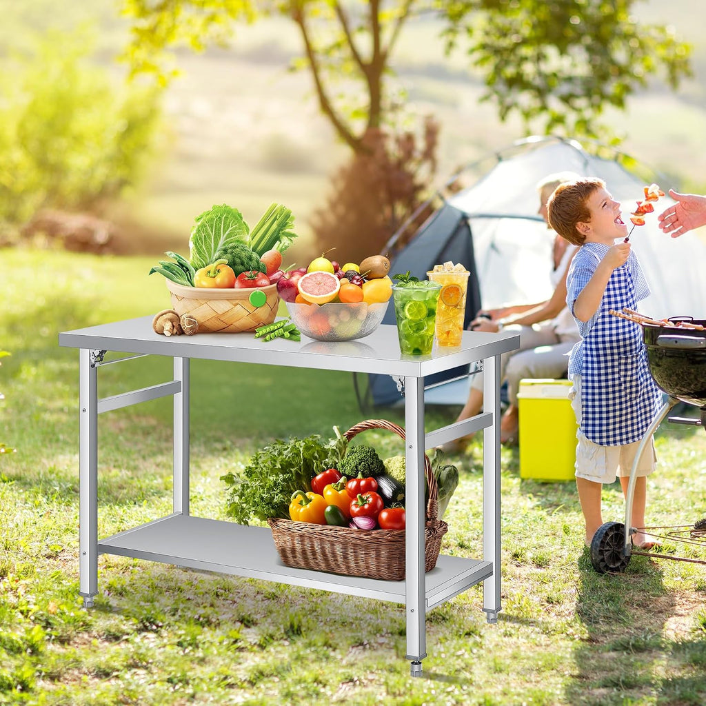 48" x 24" Stainless Steel Folding Table - 920 LBS Commercial Foldable Prep Table, Metal Worktable with Adjustable Undershelf and Feet, for Home Kitchen Restaurant Garage Warehouse, Heavy Duty