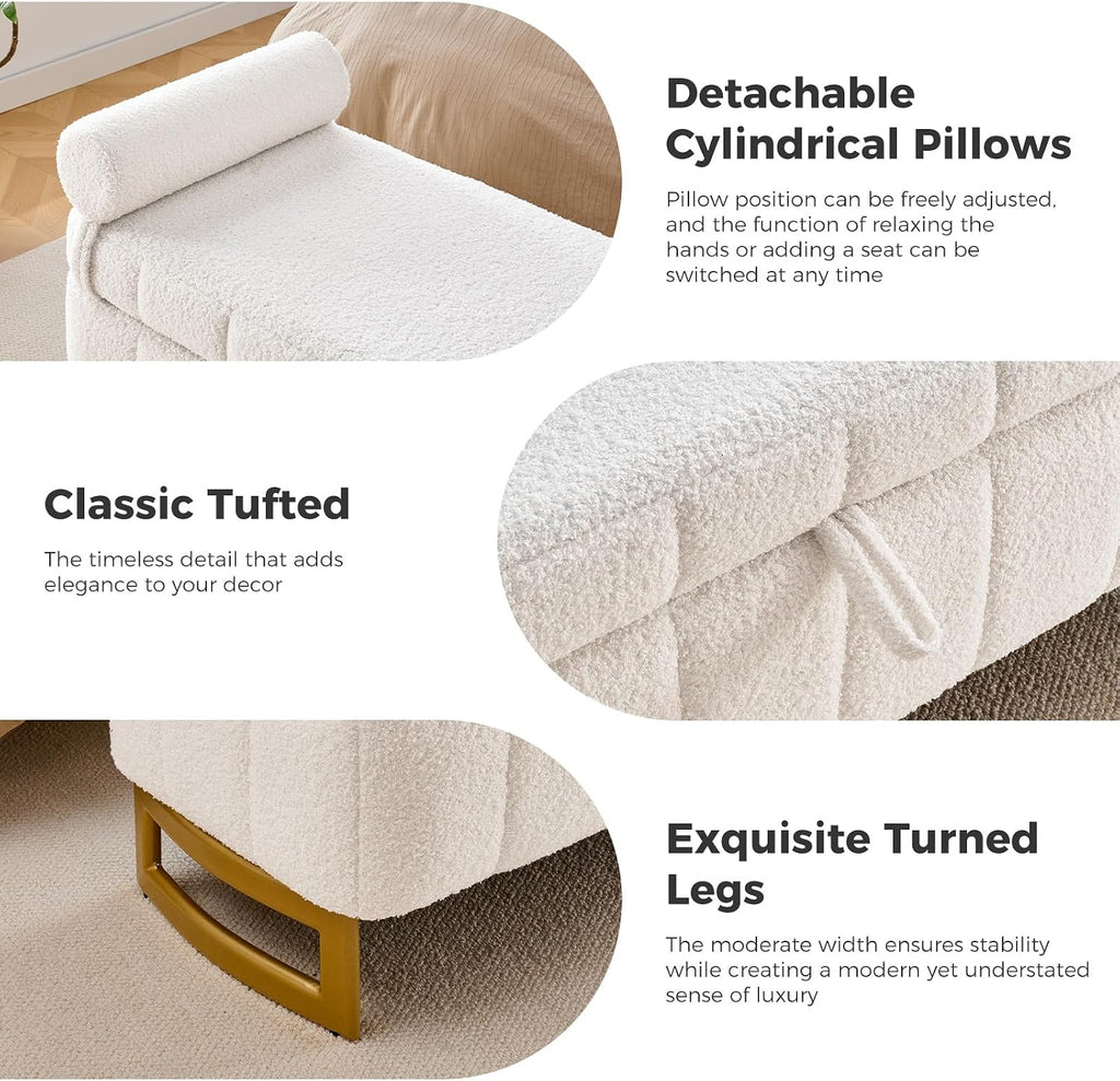 63" Storage Ottoman Bench, End of Bed Ottoman with Storage, Large Ottomans for Foot of Bed with Gold Legs and Removable Pillows for Entryway, Living Room, Teddy Cream White