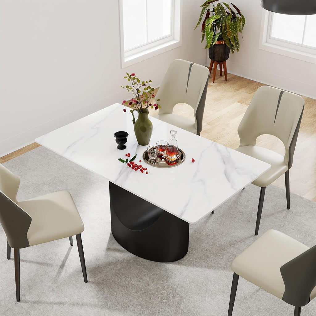 55" Modern Dining Table for 4-6, White Rectangle Dining Table, Sintered Stone Dining Tabletop with U-Shape Carbon Steel Pedestal (Table Only)