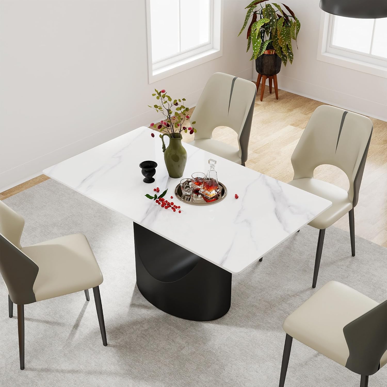 55" Modern Dining Table for 4-6, White Rectangle Dining Table, Sintered Stone Dining Tabletop with U-Shape Carbon Steel Pedestal (Table Only)