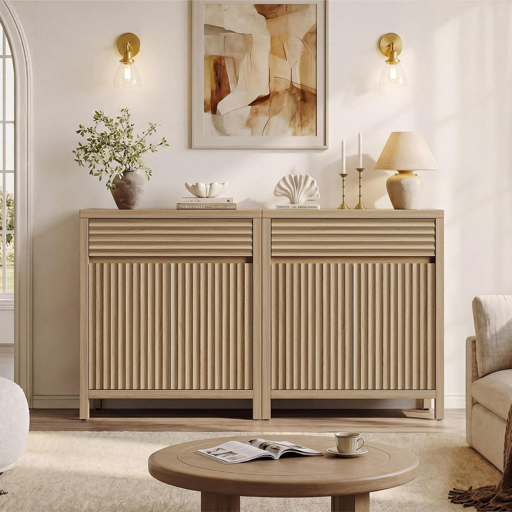 SICOTAS 87" Extra Large Buffet Cabinet with Storage, Modern Fluted Sideboard Cabinet with Drawers & Adjustable Shelves, Premium Credenza for Large Spaces, Reclaimed Light Oak, 3 PCS