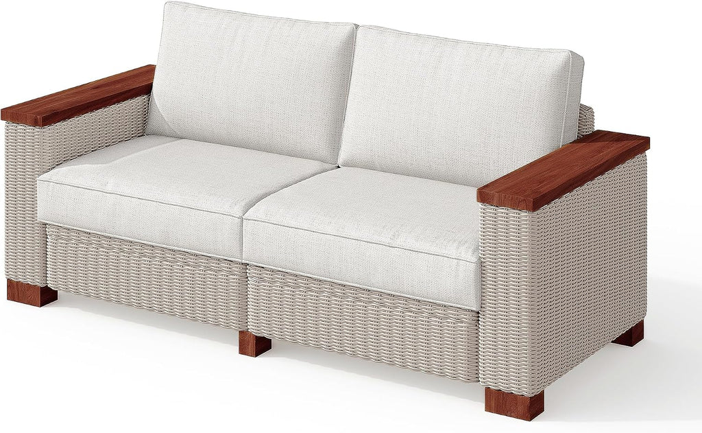 PaPaJet Outdoor Loveseat Patio Sofa, Wicker Couch with Solid Armrests & Legs, 4.7" Thick Cushion, UV-Resistant Modular Sofa for Porch, Backyard, Garden